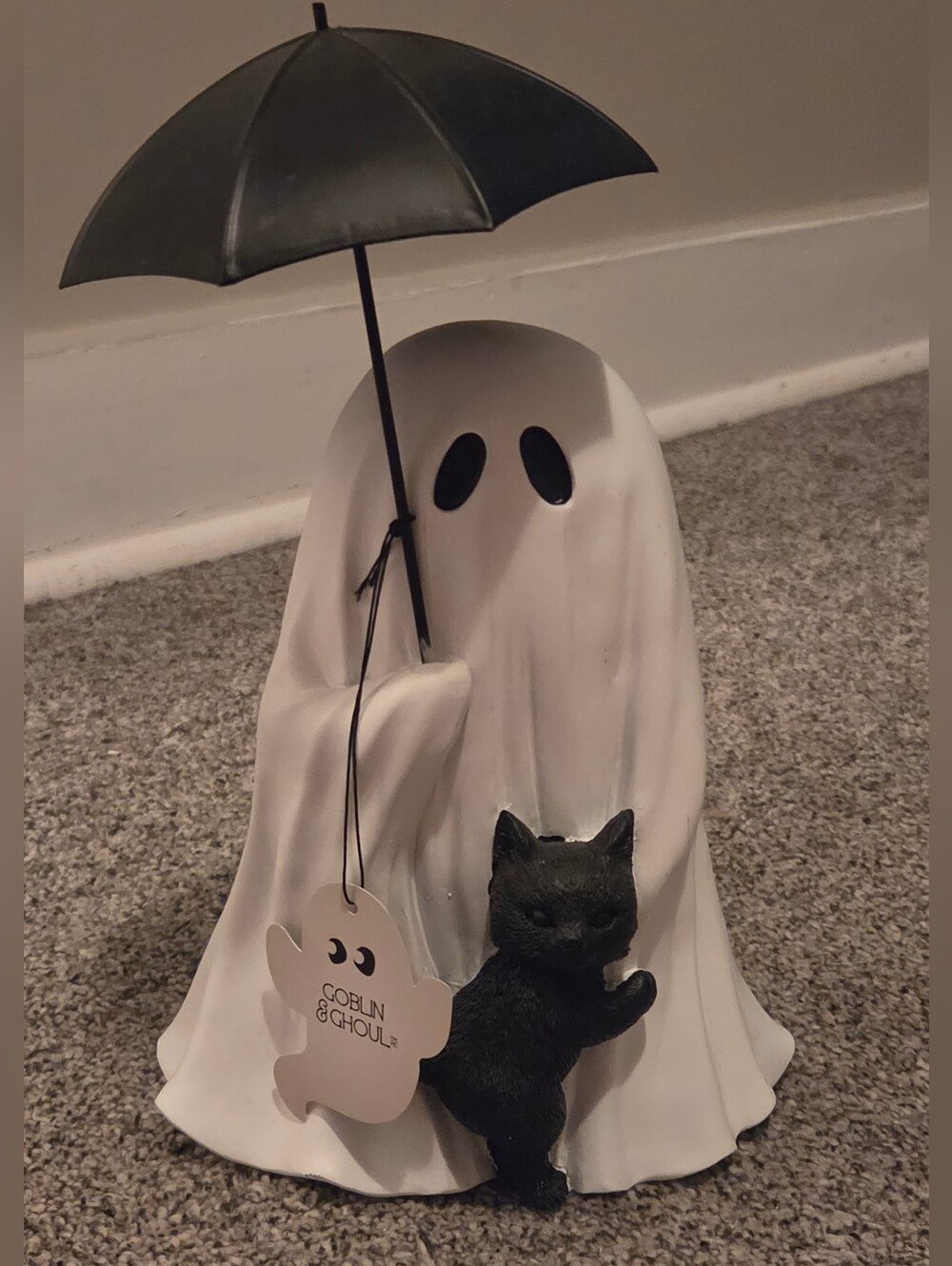 White Ghost & Black Cat Figurine Decoration Holing Black Umbrella Halloween